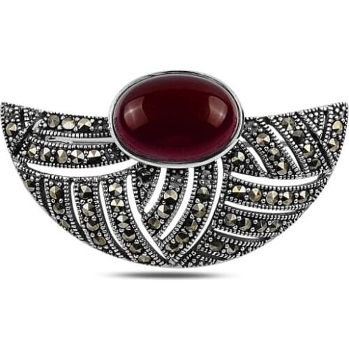 Silverlina Silver Natural Stone & Marcasite Gemstone Brooch