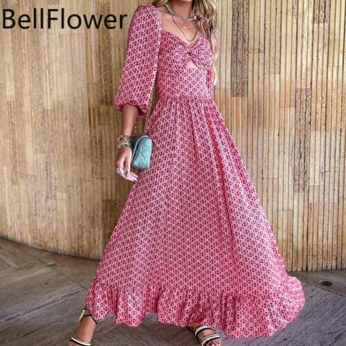 Swing Dresses Women Boho Summer Puff Sleeve Sexy V-Neck Flounced Edge A-Line Loose Pullover Red Print Maxi Dresses for Women
