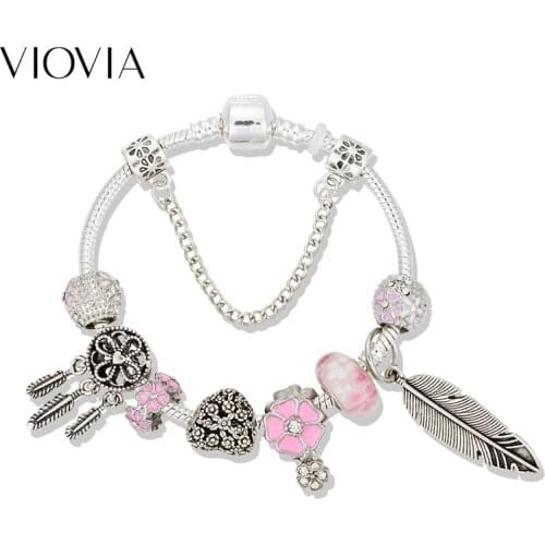 VIOVIA New Arrivals Dreamcatcher Bracelet For Women Pink Crystal Feather Charm bracelet Dream Catcher Jewelry B19033