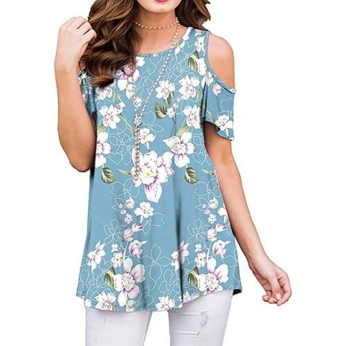 Womens Tee Shirt Summer 2021 Floral Print Casual Top Female Hollow Out Strapless T-shirt O-Neck Ladies Fashion Streetwear