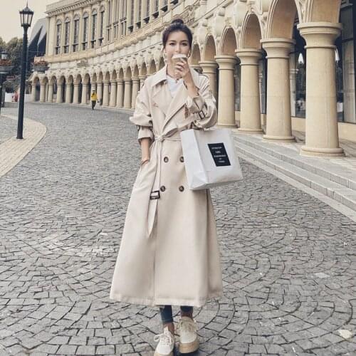 Womens Windbreaker Spring Autumn Design Sense Printing Stitching Beige Long Coat Ladies Cloak Korean Retro New Windproof Jacket