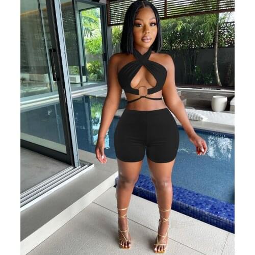 2021 New Summer Women Sexy Two-piece Clothes Set Solid Color Halter Neck Crop Tops and Close-fitting Shorts, S/ M/ L/ XL