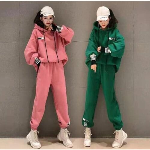 Womens sports suit winter plus velvet New loose hooded sweater thickened fashion student casual two-piece set