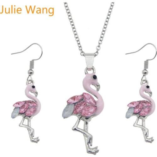 Julie Wang Trendy Flamingo Necklace Pendants Rhinestone Earrings Alloy Jewelry Sets Fashion Women Choker Party Gifts