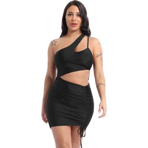Women Sexy Dresses One Shoulder Cutout Drawstring Front Dress Summer Hollow Out Pleated Bodycon Dresses for Cocktail Party Club