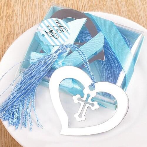 10 pieces/lot Wedding Favors Gifts Stainless Steel Cross Heart Bookmark with Blue Tassel Baby Shower Event Party Supplies