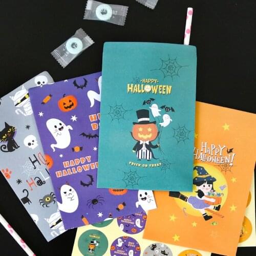 12sets Happy Halloween Series Paper Gift Bag Party Treat Favor Bag Candy Packing Wrapping Bag Children Gift Bag with Stickers