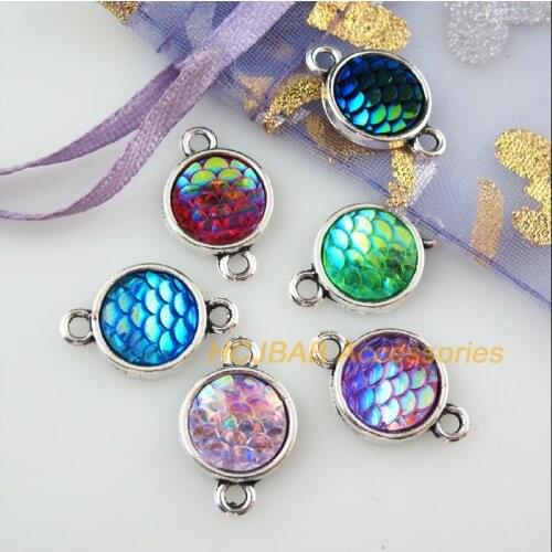 12Pcs Tibetan Silver Scales Round Mixed Resin Charms Pendant Connectors 12x19mm