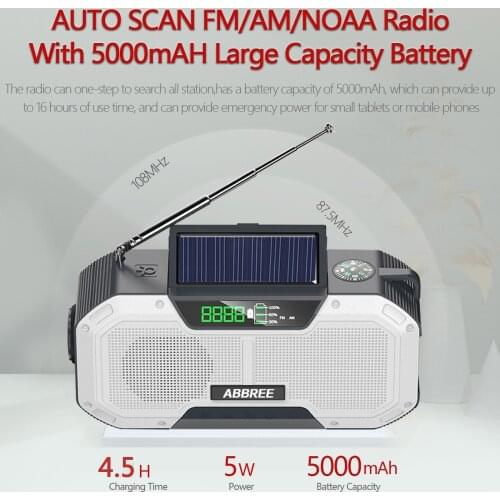 ABBREE IPX6 Waterproof Auto Scan Emergency Radio Solar Hand Crank Portable AM/FM/NOAA Weather Radio with LED Flashlight SOS