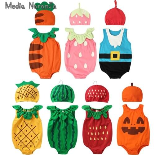 2020 summer baby boys girls unisex fruit type hat with bodysuit infant toddler cotton cute jumpsuit photography outfits