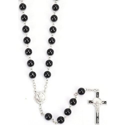 1PCS Cross Long Pendant Necklaces Praying Religious Jewelry Church Gifts Catholic Black Rosary Beads Necklace For Women Men