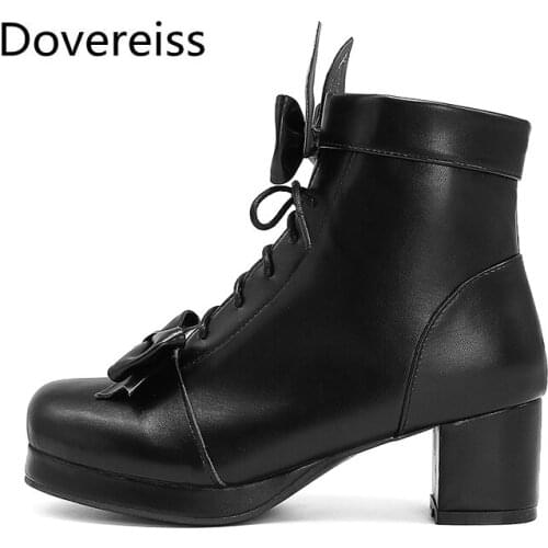Dovereiss Fashion Female boots Winter new Matin boots Chunky heels Round toe Cross tied brown sexy Elegant bowknot big size43