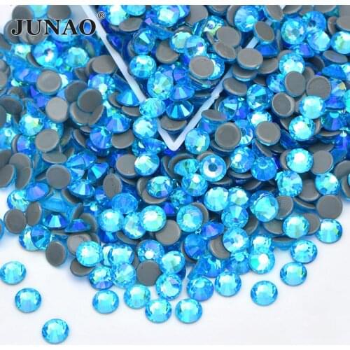 JUNAO SS6 8 10 12 16 20 30 Aquamarine AB Hotfix Glass Crystal Rhinestones Applique Flatback Iron On Strass Stones For Clothes