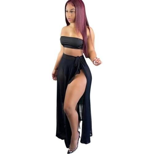 Sexy Beachwear 3 Piece Matching Sets Vacation Outfits Strapless Crop Top+skinny Short+mesh Sheer Side Split Long Skirt Swimsuit