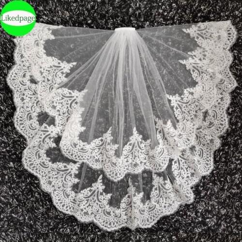 Short Wedding Bride Veil Two Layer Voile Mariage Welon Slubny Lace Edge Velo De Novia Sposa Weeding Accessoire 2021 Metal Comb