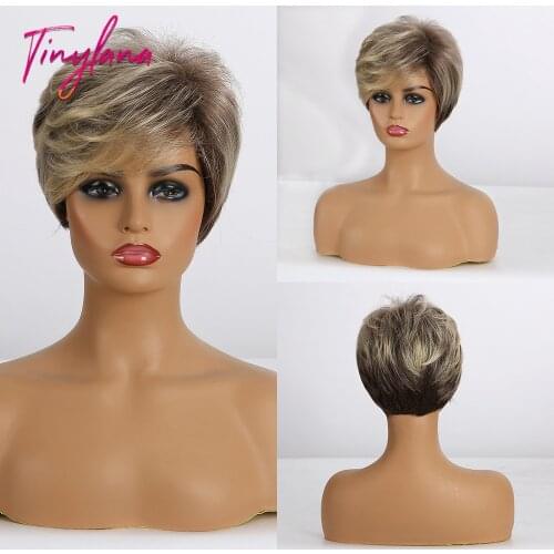 TINY LANA Short Straight Ombre Brown Blonde Wig With Highlight Synthetic Hair Wig for Women Cosplay Heat Resistant Fiber
