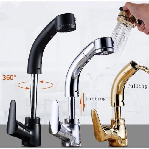 Copper Lifting Pulling Basin Faucet Pull Out Side Sprayer Single Handle Mixer Brass Tap Sink Faucet 360 Rotation Kitchen Faucet
