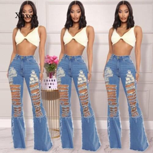 Fashion Blue Women Hole Denim High Waist Flare Trousers Slim Distressed Sexy Splicing Bell-Bottomed Pants Jeans Clothing 2021