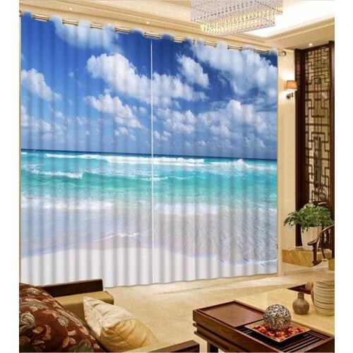 Fashion Customized 3D Curtain Beach Waves Sky And White Clouds Curtain Living Room Blackout Shade Window Curtains Bathroom