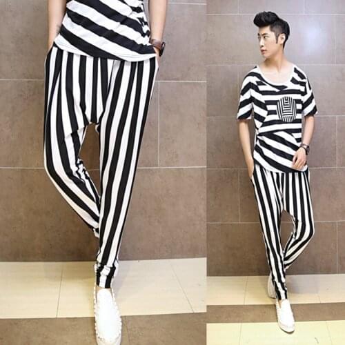 Men personality black white striped hip hop harem pants drop crotch trousers men nightclub hiphop baggy pants stage joggers