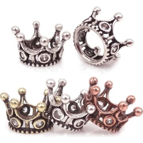 New Luxury Micro Pave Cubic Zirconia Crown Beads for Men Bracelet Making Jewelry Charm Antique Silver Color Spacer Metal Bead