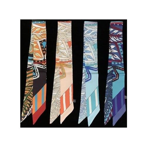 90*5cm New Bohemian Leaves Striped Womens Small Silk Scarf Tie Bag Handle Ribbon Hair Band Shawl