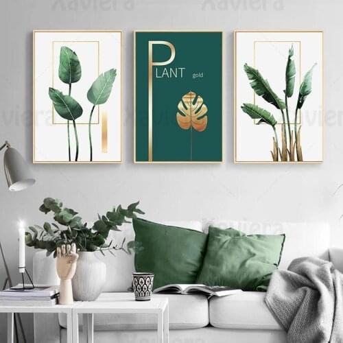 Canvas Print Nordic Style Poster Plant Gold Green Picture Wall Art Topical Leaf Painting Home Decoration for Living Room Mural