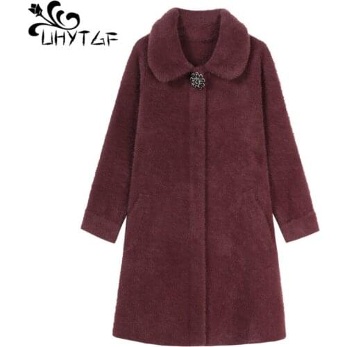 UHYTGF 6XL plus size coat women quality mink fleece autumn wool jacket double-sided cashmere casual warm winter woolen coat 1052