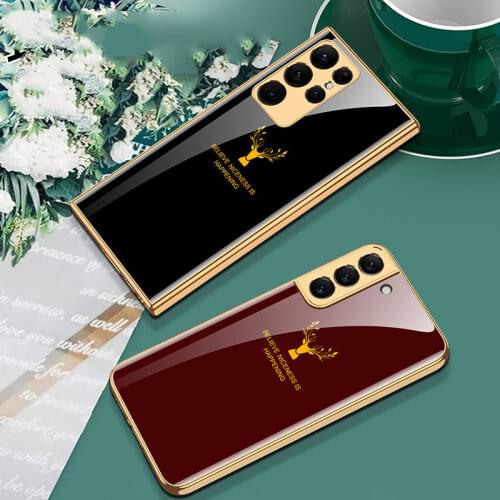 Luxury Electroplate Deer Patterned Glass Case For Samsung Galaxy S21 Ultra S21 Plus 5G Case Soft Frame Hard Glass Back Cover