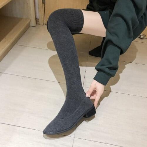 Knitting Stretch sock boots women stretch fabric shoes over-the-knee chelsea boots chunky heels slim long fly weaving botas 2020
