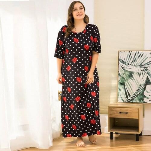 Retro Large Size Printed Nightgown Women Short Sleeve Nightdress Floral Nightgown Long Sleep Dress Home Wear
