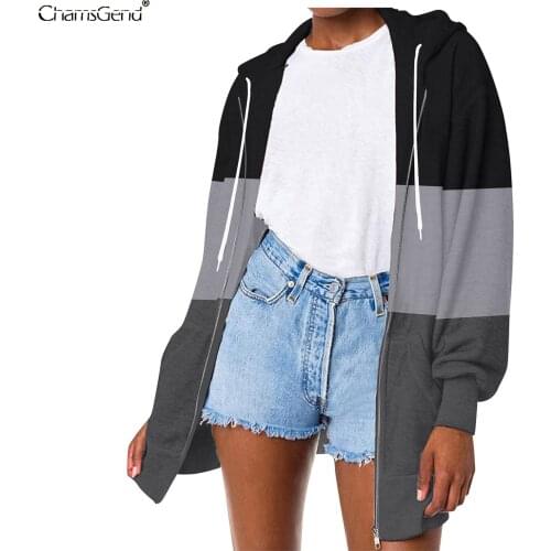 Patchwork Zip Hooded Sweatshirt Autumn Jacket Oversized Hoodie Retro Pocket Woman Clothes Long Sleeve Pullover Sudadera Mujer