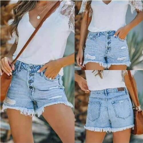 Womens pocket jeans, denim trousers, womens fringed straps, bottom casual shorts, summer home wear, all-match ladies shorts