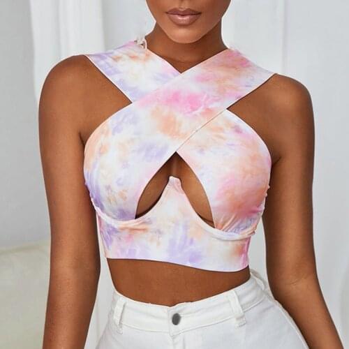 Women Close-fitting Sexy Vest, Printed Pattern Halter Neck Sleeveless Crop Tops, Black/ Pink/ Khaki/ Brown 2021 Summer Clothes