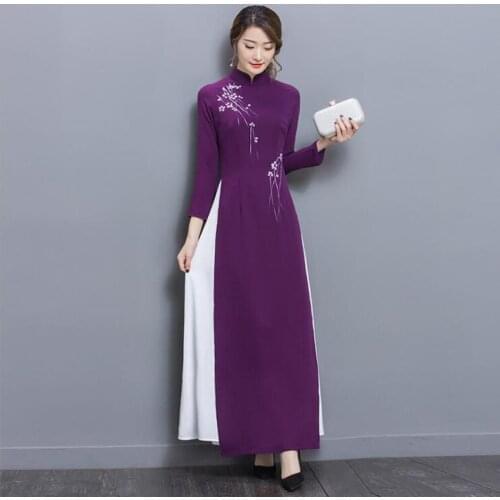 Chinese Style Stand Collar Stitching Contrast Color Hem Temperament Qipao Improved Ladies Literary Banquet Elegant Dress