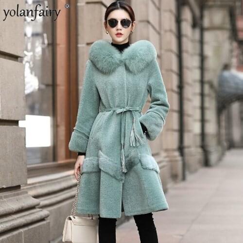 2020 Real Fur Coat Female Long Women Coat Winter Clothes Women 100% Wool Fox Fur Collar Casaco Feminino Inverno X078S Pph1070