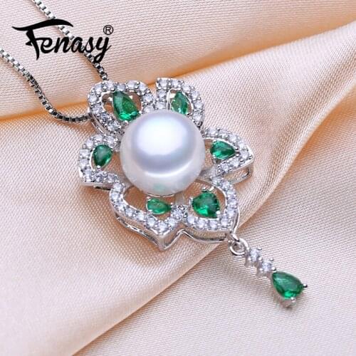 FENASY 925 Sterling Silver Luxury Emerald Pendant Bohemian Party Natural Freshwater Pearl Necklaces For Women Idea Gift