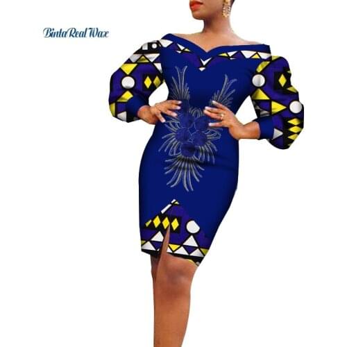 Long Sleeve V Neck African Dresses for Women Print Knee Length Dresses Vestidos Bazin Riche African Ankara Party Dresses WY7461