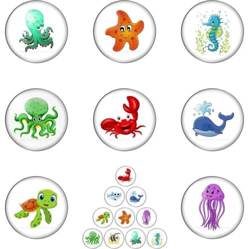 Cartoon Starfish Shark Sea Turtle Sea Animal 10pcs 12mm/14mm/18mm/20mm/25mm Round Photo Glass Cabochon Flat Back Making Findings