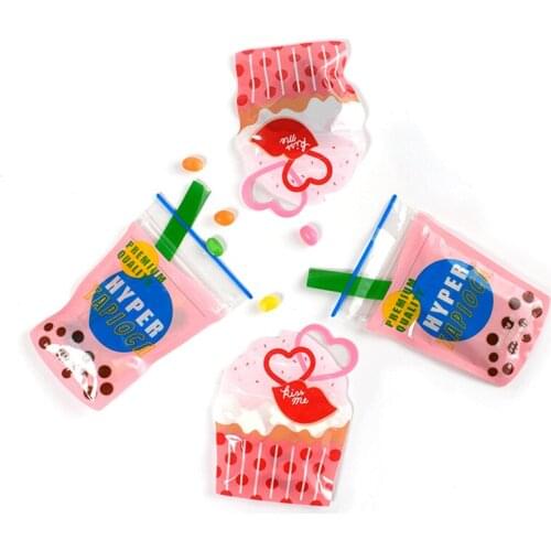 10pcs Cute Creative Candy Bag Milk Tea Shape Candy Zipper Bag Cookie Bag Cow Tie Biscuit Ziplock Bag