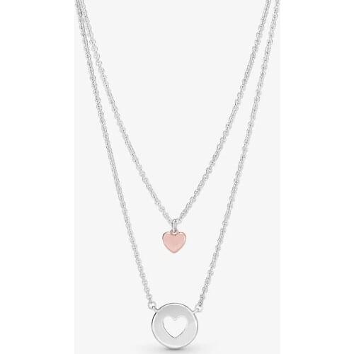 100% Real 925 Sterling Silver Two Hearts Layered Necklace for Women S925 Fine Jewelry Collier Necklaces & Pendants Wholesale