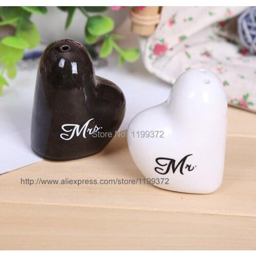 120sets 240pcs Mr. and Mrs. heart shaped Ceramic Salt Pepper Shakers + Wedding bridal shower Favors gifts Free shipping