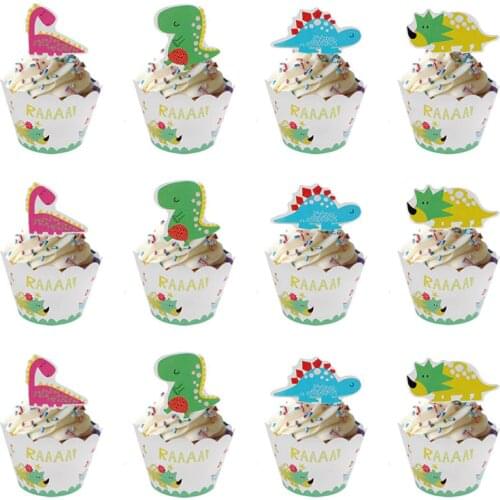 24pcs Birthday Dinosaur Party Cupcake Toppers Wrapper Cartoon Animal Cake Decorating Baby Shower Birthday Party Decorations Boy
