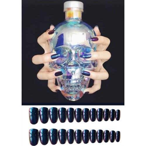 24pcs Blue Purple Gradient Mirror False Nails Salon Long Nail Tip Extension Press On Fake Nails Shiny Punk Ladies Manicure