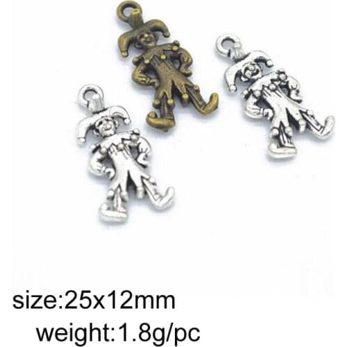 50pcs/lot Alloy Charms Antique Silver Plated Alloy Clown Charm Pendant Handmade Hanging Crafts 25x12mm