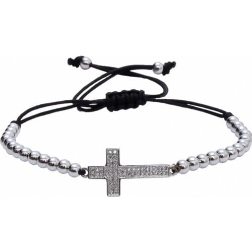 Classic Style Unisex Jewelry Cross Bracelet Micro Pave White CZ Cross Charm 4mm Beads Religious Jesus Rosary Macrame Bracelet