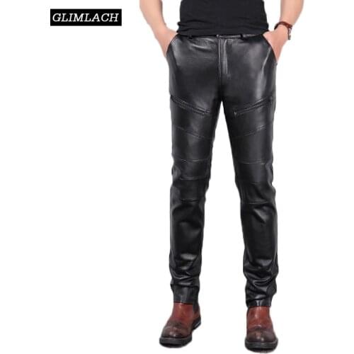Black Thick Genuine Leather Pants Men Clothing 2018 Straight Luxury Sheepskin Real Leather Biker Trousers Zippers Streetwear Man