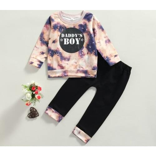 2021 Children Tie-dye Clothes Set, Boys Letter Print Long Sleeve O-neck T-shirt + Elastic Waist Trousers