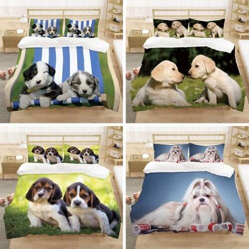 Cute 3D Puppies Quilt Cover 3 Piece Bedding Set With Duvet Cover Pillowcases Dog Printed Comforter Cover For Kids Boys Girls
