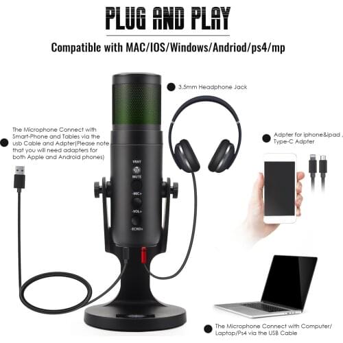 USB Condenser Microphone for PS4 Mac PC Tap-to-Mute Super-cardioid Polar Pattern Microphone with RGB Light for Gaming Streaming